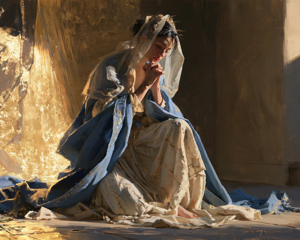 the Virgin Mary in prayer in Sacred Gold style, landscape Christian artwork no. 12