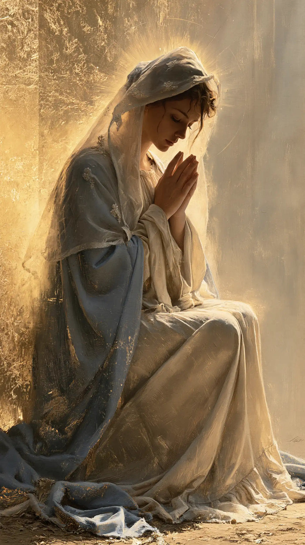 the Virgin Mary in prayer in Sacred Gold style, portrait Christian artwork no. 1