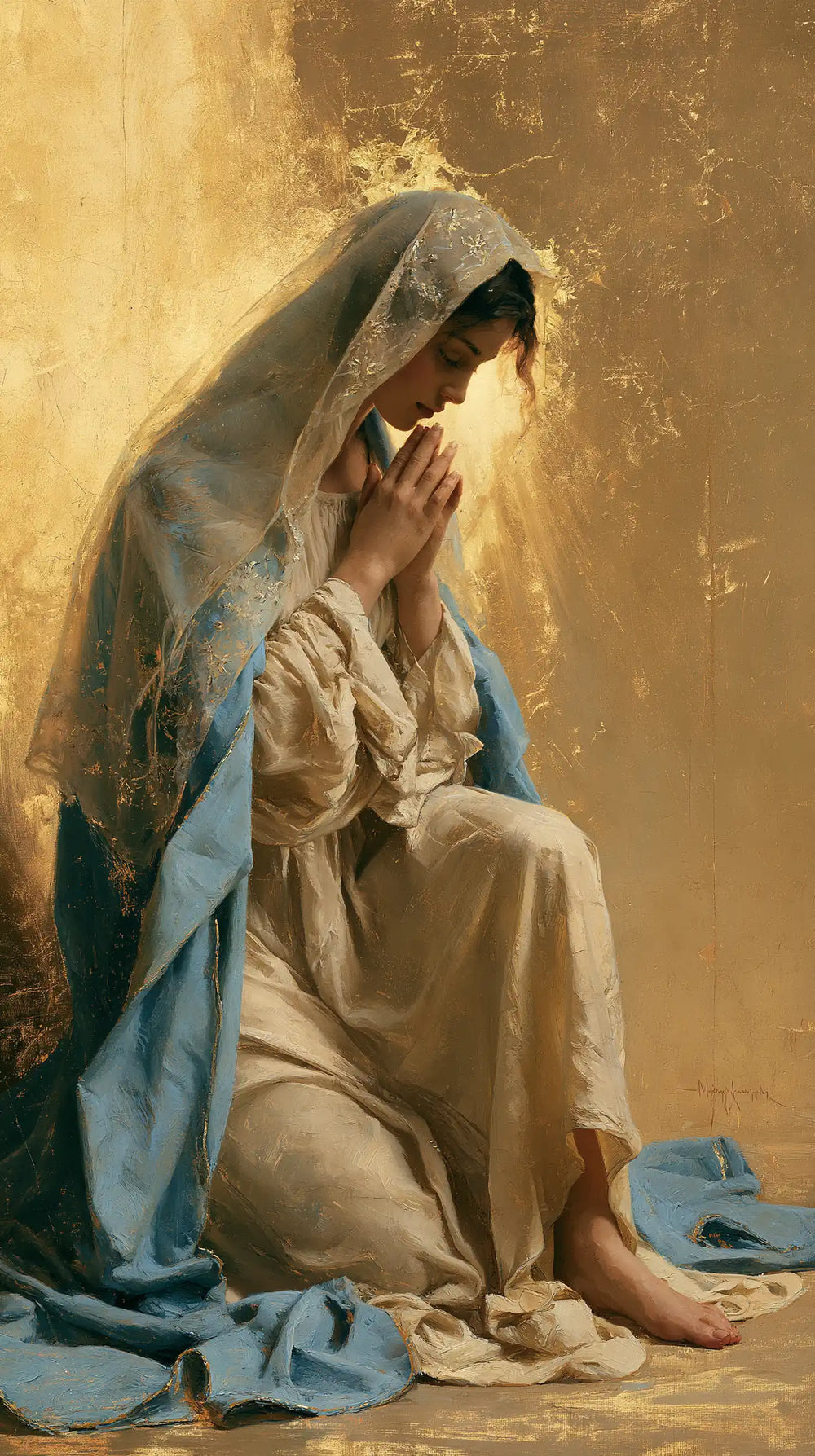 the Virgin Mary in prayer in Sacred Gold style, portrait Christian artwork no. 3