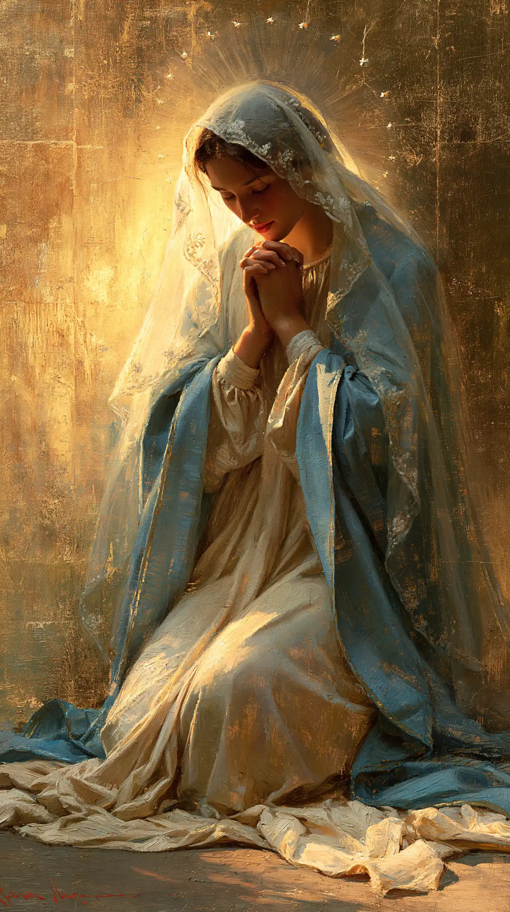 the Virgin Mary in prayer in Sacred Gold style, portrait Christian artwork no. 6
