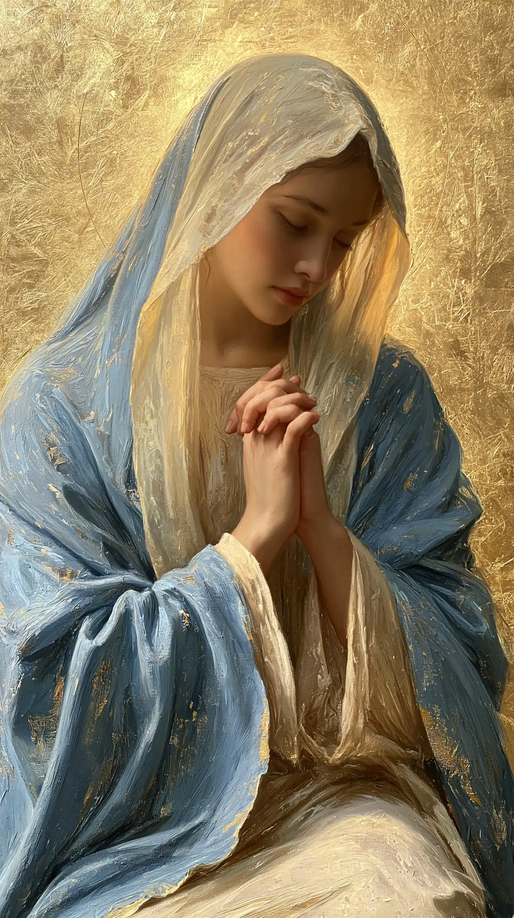 the Virgin Mary in prayer in Sacred Gold style, portrait Christian artwork no. 7