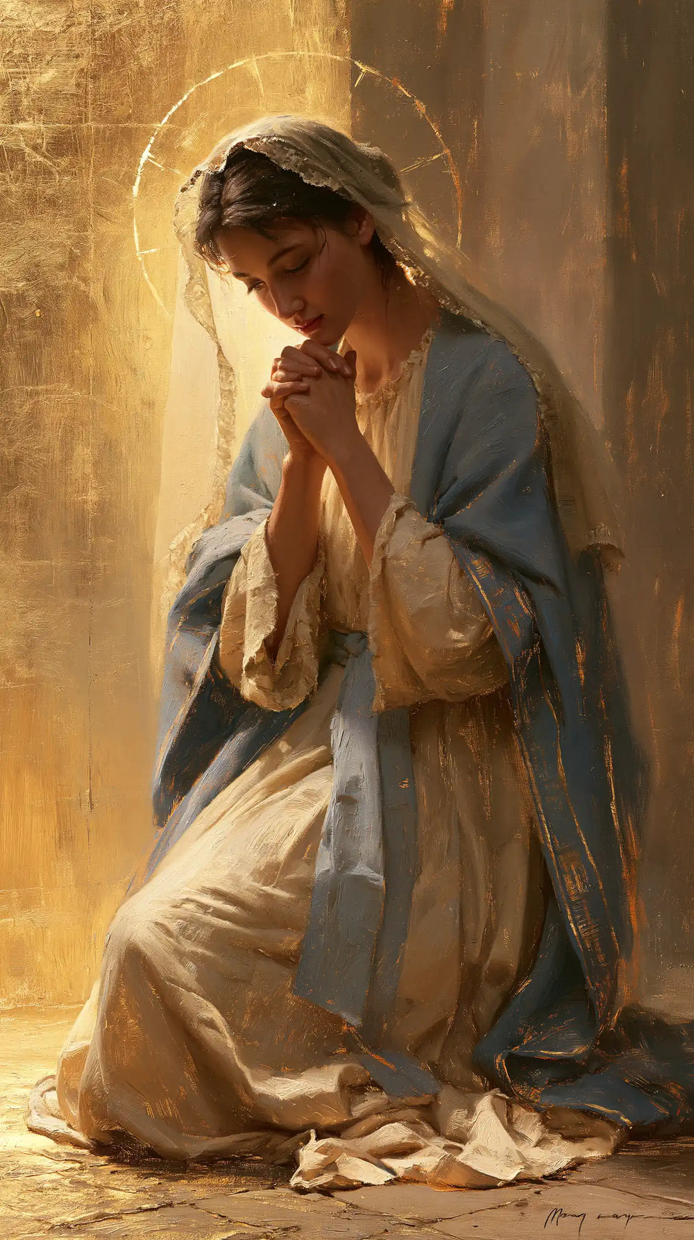 the Virgin Mary in prayer in Sacred Gold style, portrait Christian artwork no. 11