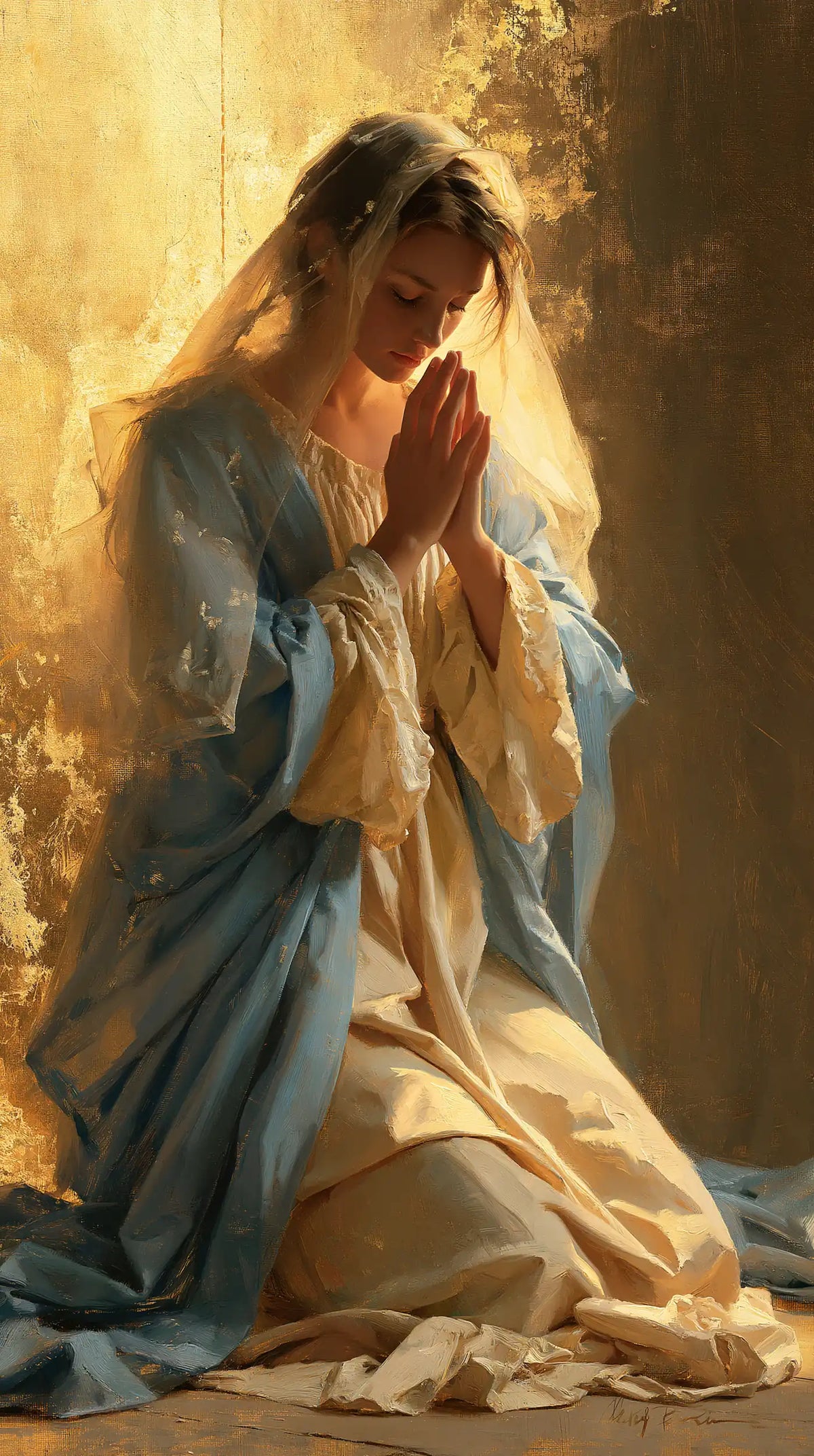 Virgin Mary in Prayer — Palms in Solar Warmth