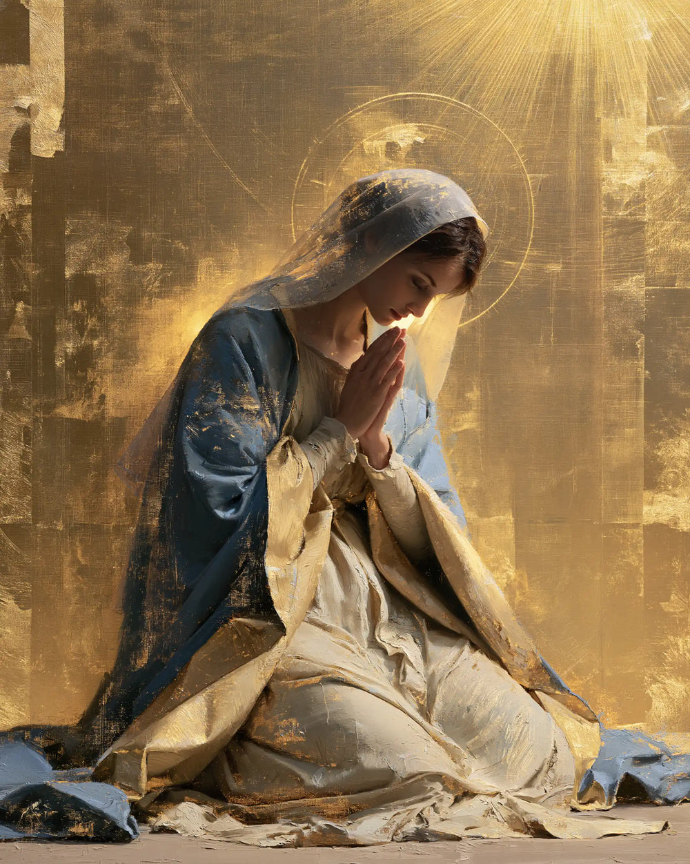 the Virgin Mary in prayer in Sacred Gold style, portrait Christian artwork no. 19