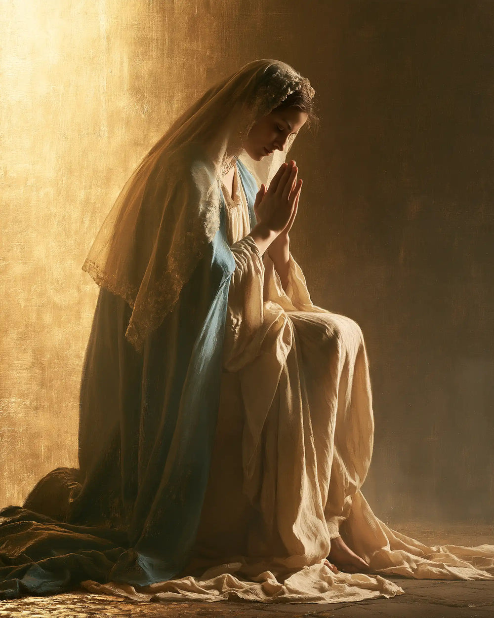 the Virgin Mary in prayer in Sacred Gold style, portrait Christian artwork no. 20