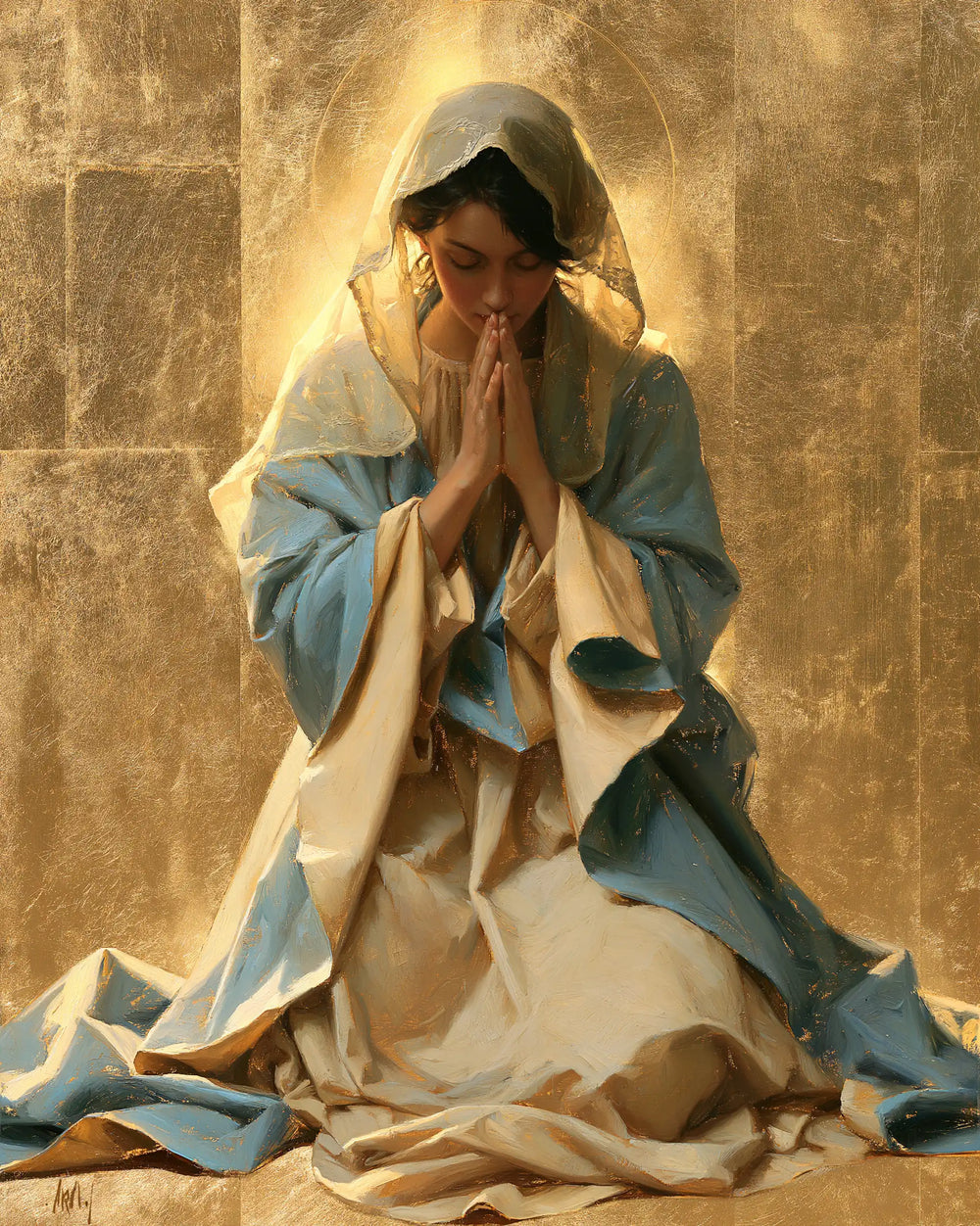 the Virgin Mary in prayer in Sacred Gold style, portrait Christian artwork no. 21