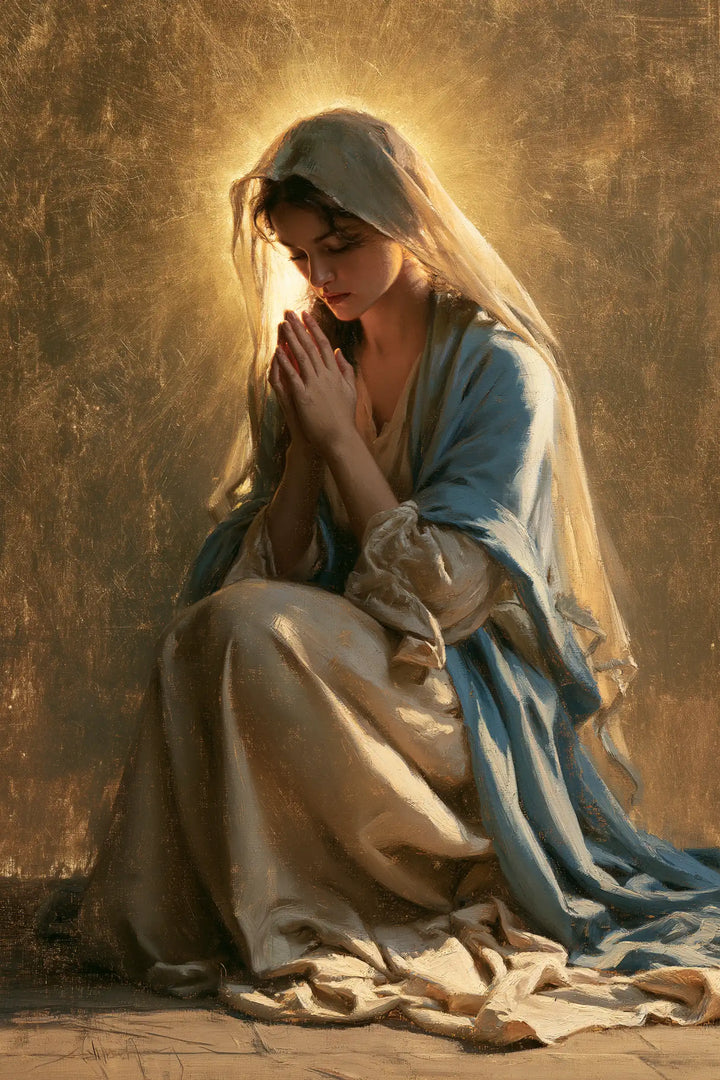 Virgin Mary in Prayer — Contemplation in Muted Gold