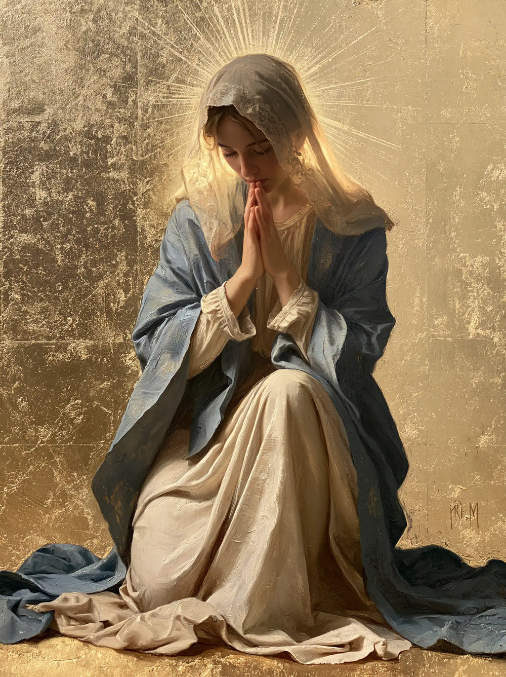 the Virgin Mary in prayer in Sacred Gold style, portrait Christian artwork no. 37