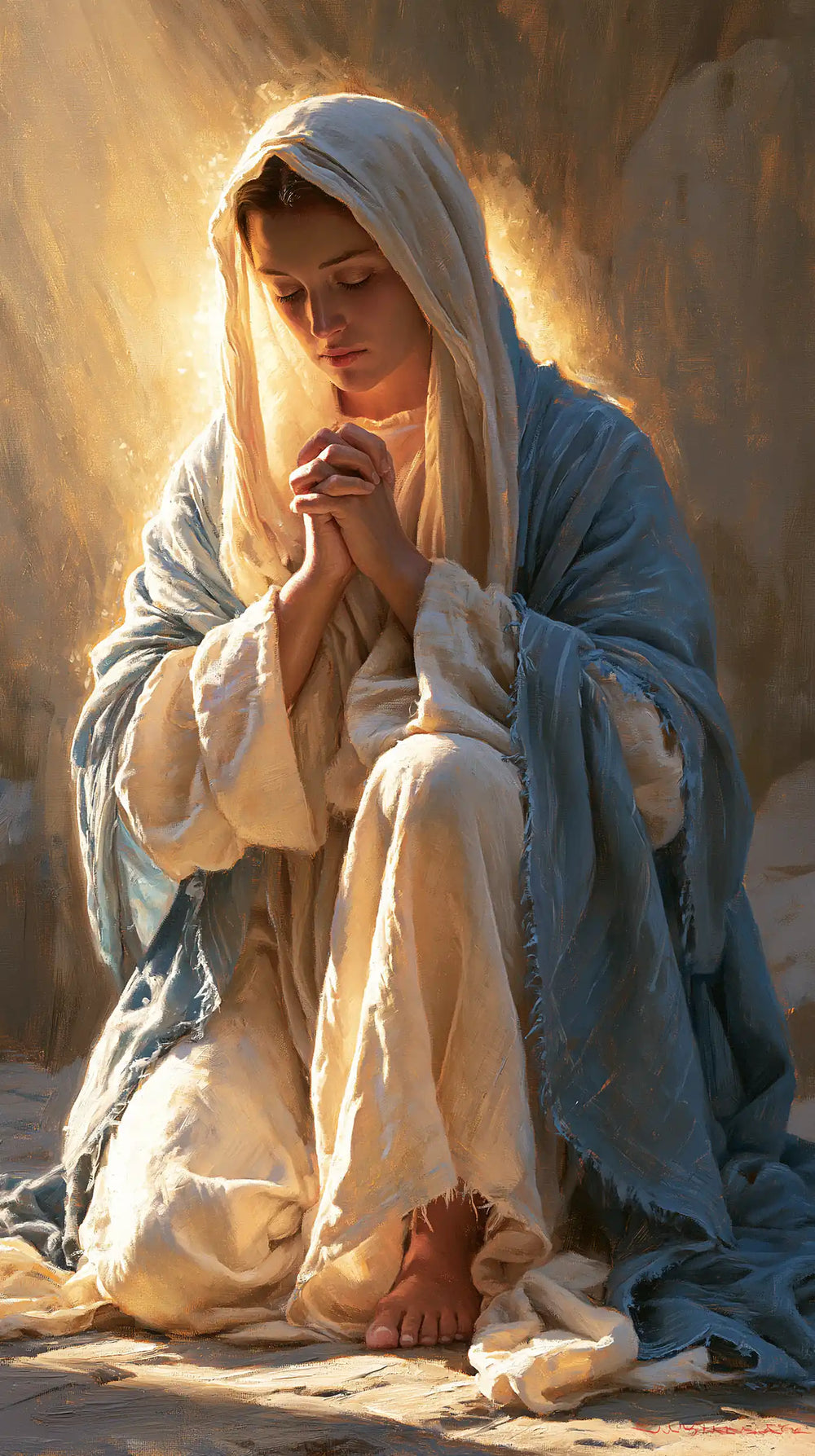 the Virgin Mary absorbed in prayer in Sacred Maternal Tenderness style, portrait Christian artwork no. 3