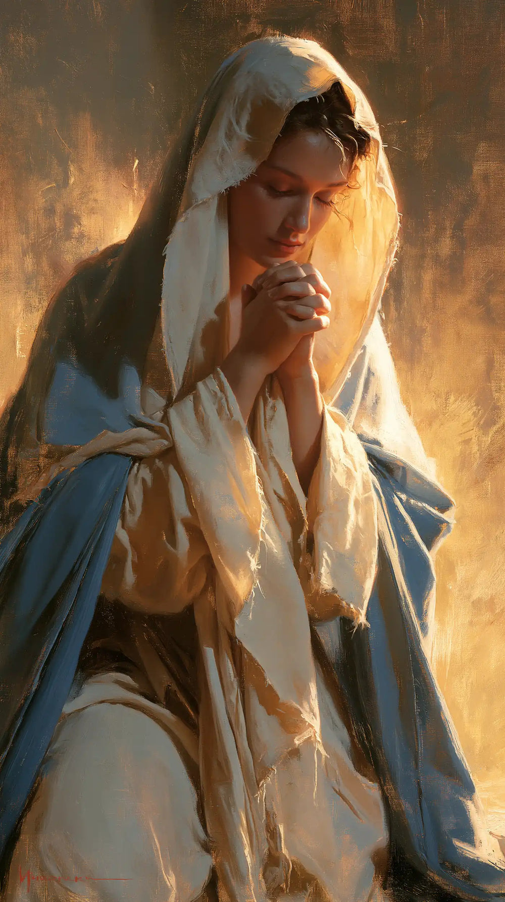 the Virgin Mary absorbed in prayer in Sacred Maternal Tenderness style, portrait Christian artwork no. 4