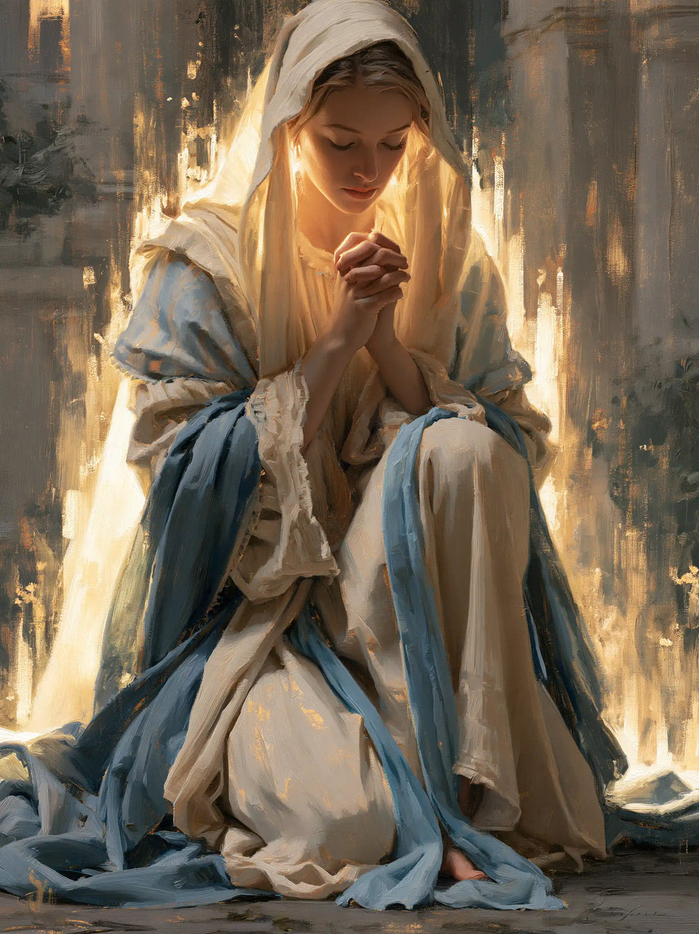the Virgin Mary absorbed in prayer in Sacred Maternal Tenderness style, portrait Christian artwork no. 7