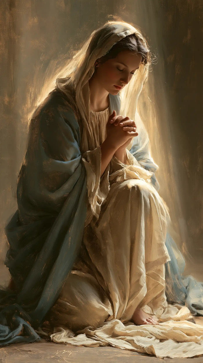 Virgin Mary in Prayer — The Shadow Cloak and the Pale Robe