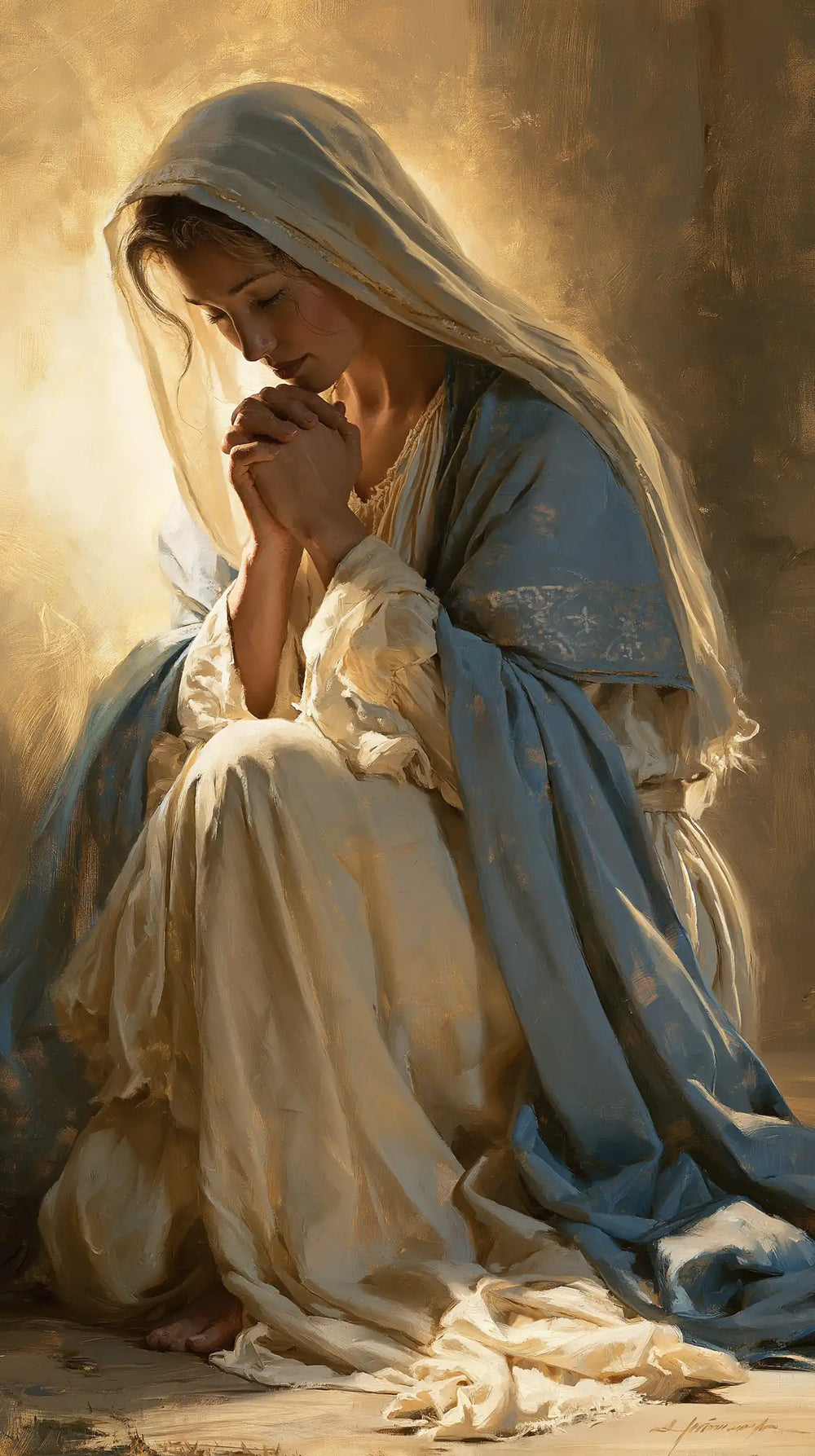the Virgin Mary absorbed in prayer in Sacred Maternal Tenderness style, portrait Christian artwork no. 10