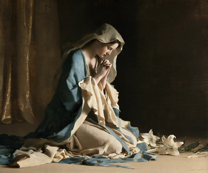 Virgin Mary in Prayer — A Confidence beside the Resting Lilies