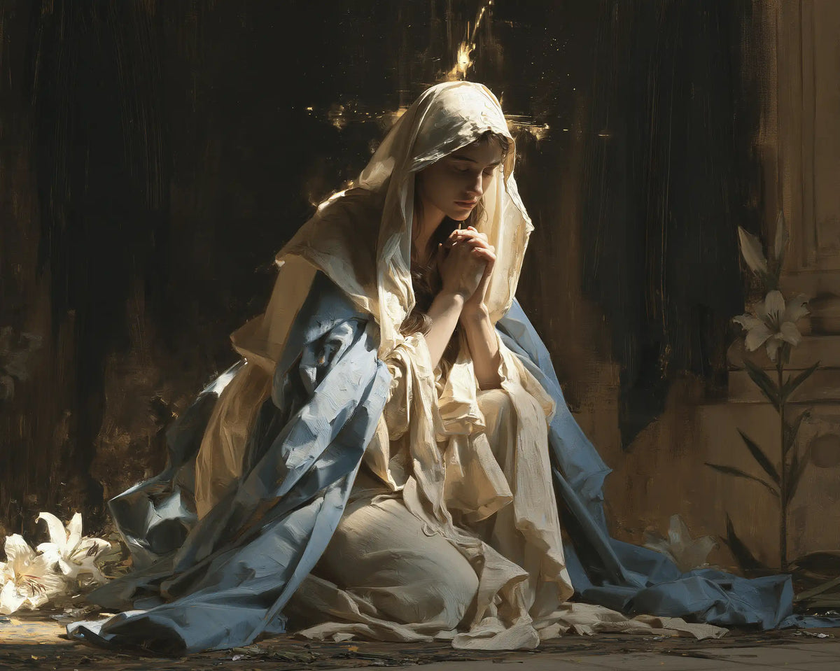 the Virgin Mary in prayer in Symbolist style, landscape Christian artwork no. 21