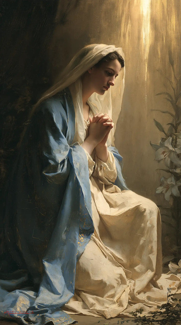 Virgin Mary in Prayer — The Flower at the Threshold of Light