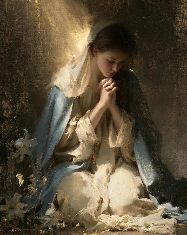 Virgin Mary in Prayer — Prayer beneath the Gently Drawn-Back Veil