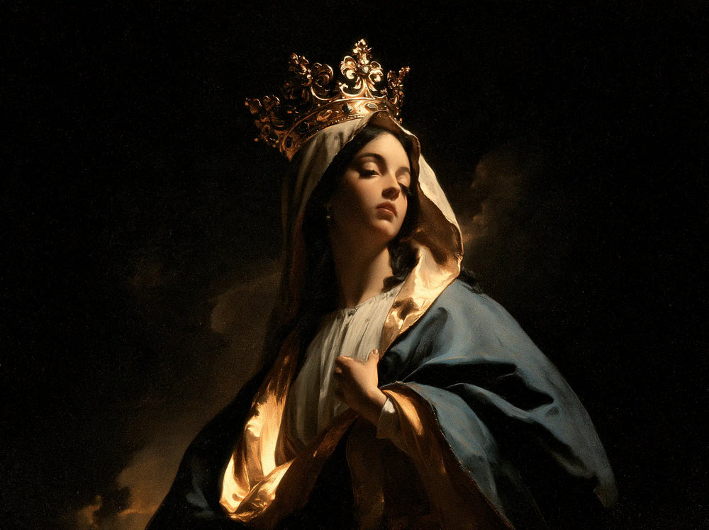 Mary crowned as Queen of Heaven in black and gold in Black and Gold style, landscape Christian artwork no. 6