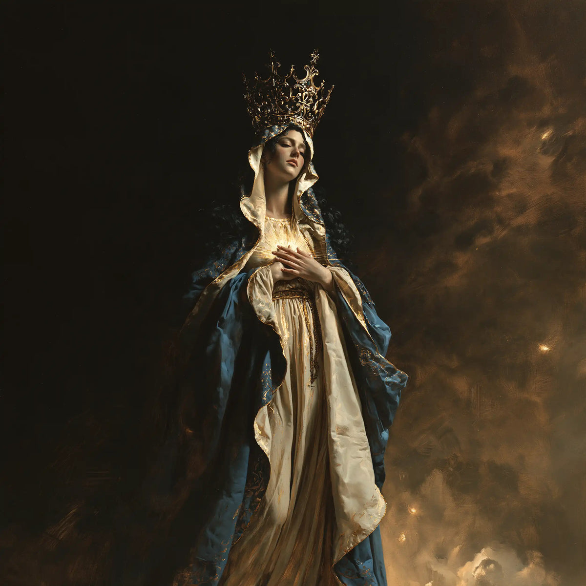Mary crowned as Queen of Heaven in black and gold in Black and Gold style, square Christian artwork no. 1