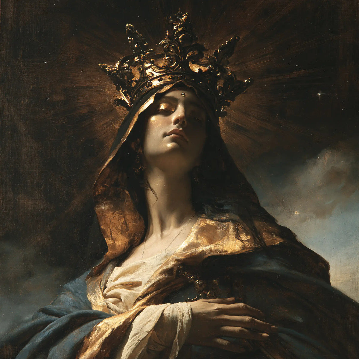Mary crowned as Queen of Heaven in black and gold in Black and Gold style, square Christian artwork no. 2