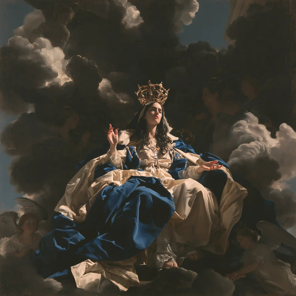 Mary as Queen of Heaven in dramatic chiaroscuro in Caravaggio Tenebrism style, square Christian artwork no. 3