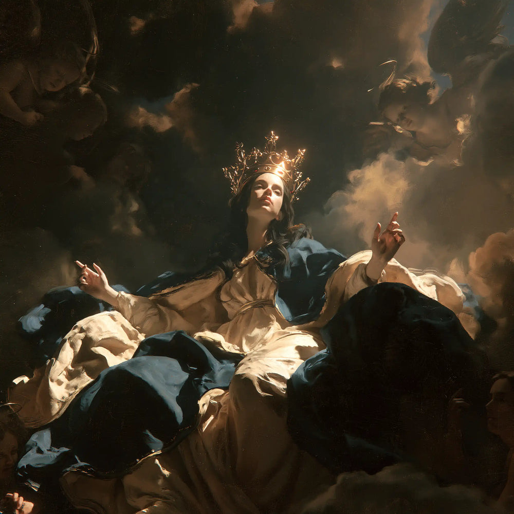 Mary as Queen of Heaven in dramatic chiaroscuro in Caravaggio Tenebrism style, square Christian artwork no. 8