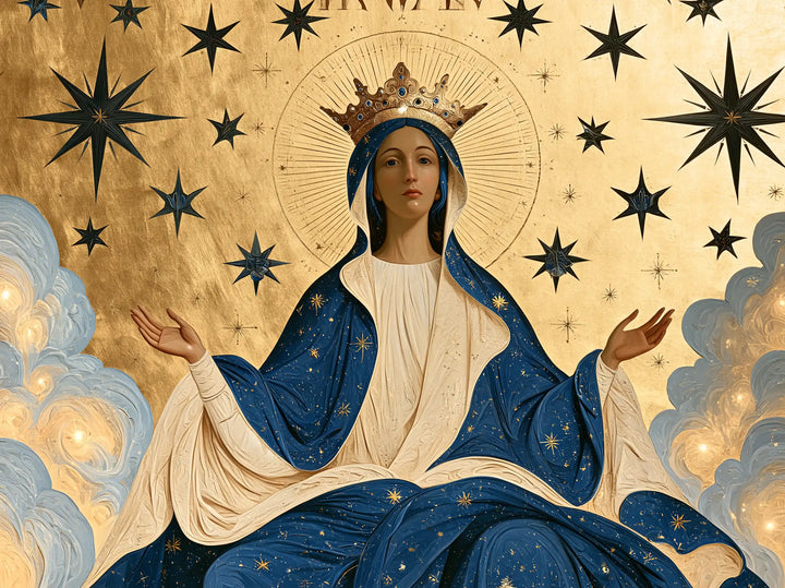 Mary, Queen of Heaven — The Blue Throne Beneath Black Stars