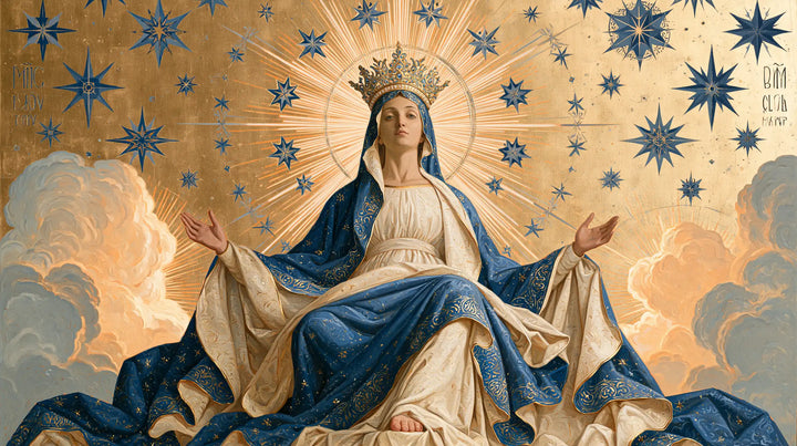 Mary, Queen of Heaven — The Mantle Spread over Pearly Clouds