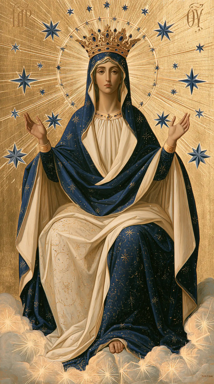 Mary, Queen of Heaven — The Robe’s Radiance Beneath Raised Hands