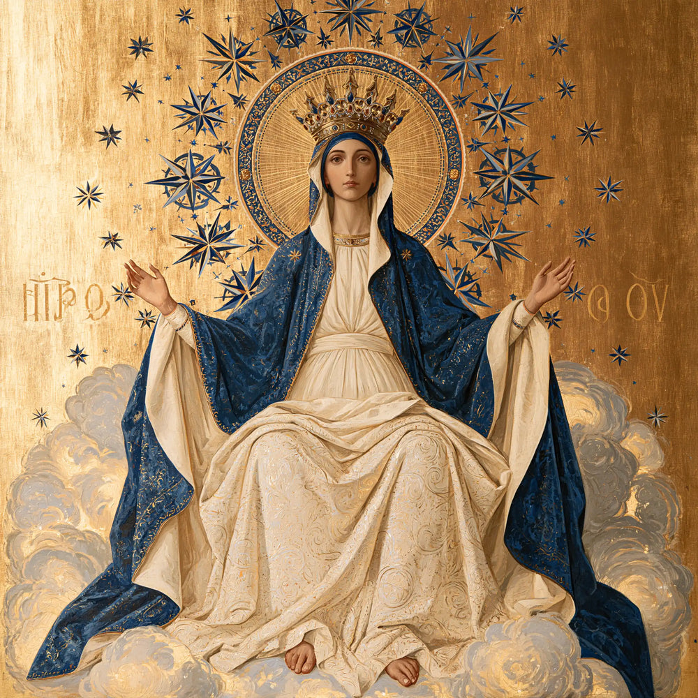 Mary as Queen of Heaven in a contemporary Byzantine icon in Contemporary Byzantine style, square Christian artwork no. 1