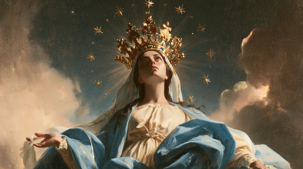 Mary with the heavenly crown as the central symbol in The Crown as Central Symbol style, landscape Christian artwork no. 20