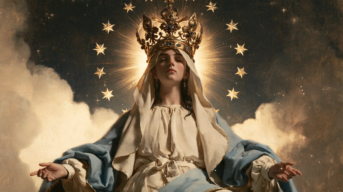 Mary with the heavenly crown as the central symbol in The Crown as Central Symbol style, landscape Christian artwork no. 22