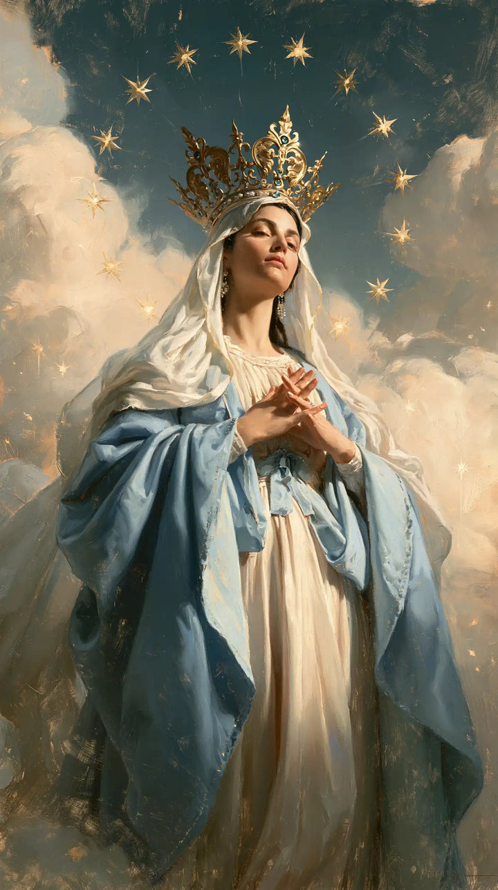 Mary, Queen of Heaven — Interlaced Fingers Before the Blue Sky
