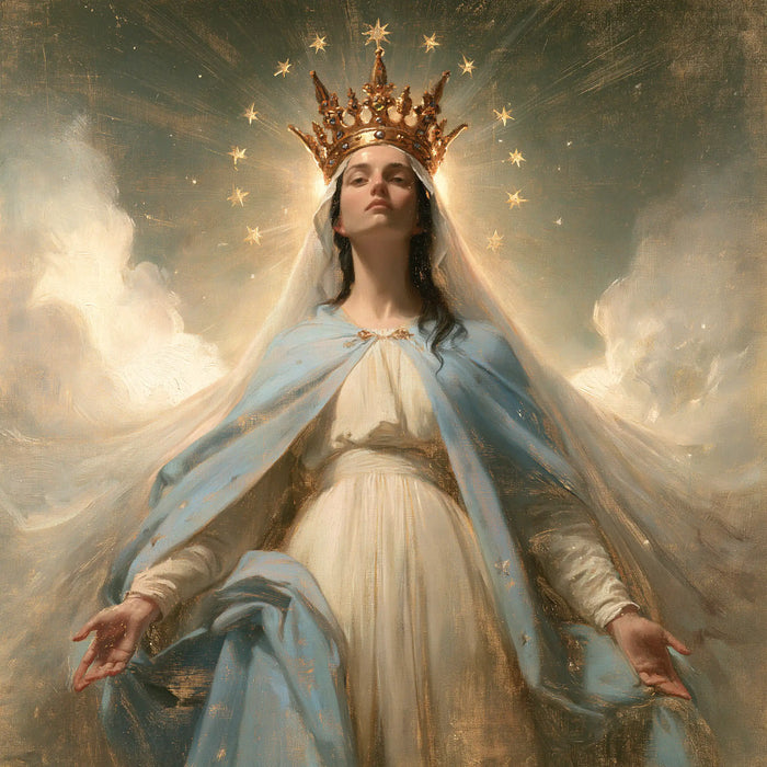 Mary, Queen of Heaven — Low Palms in Quiet Radiance