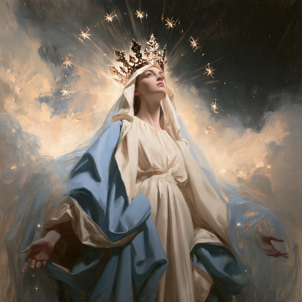 Mary with the heavenly crown as the central symbol in The Crown as Central Symbol style, square Christian artwork no. 5