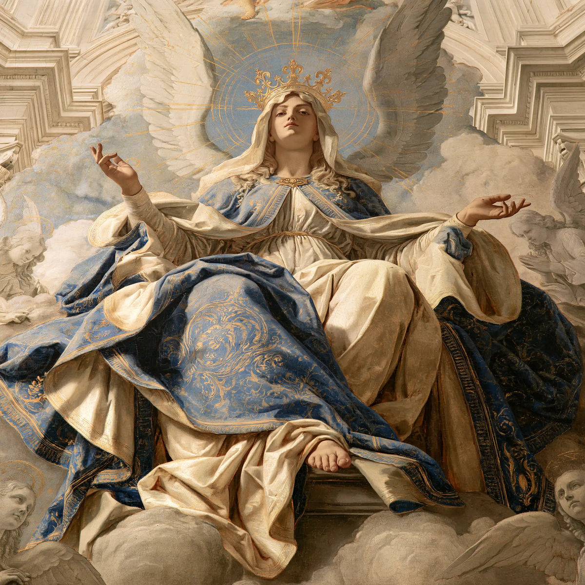 Mary crowned as Queen of Heaven in Florentine Renaissance style in Florentine Renaissance style, square Christian artwork no. 10