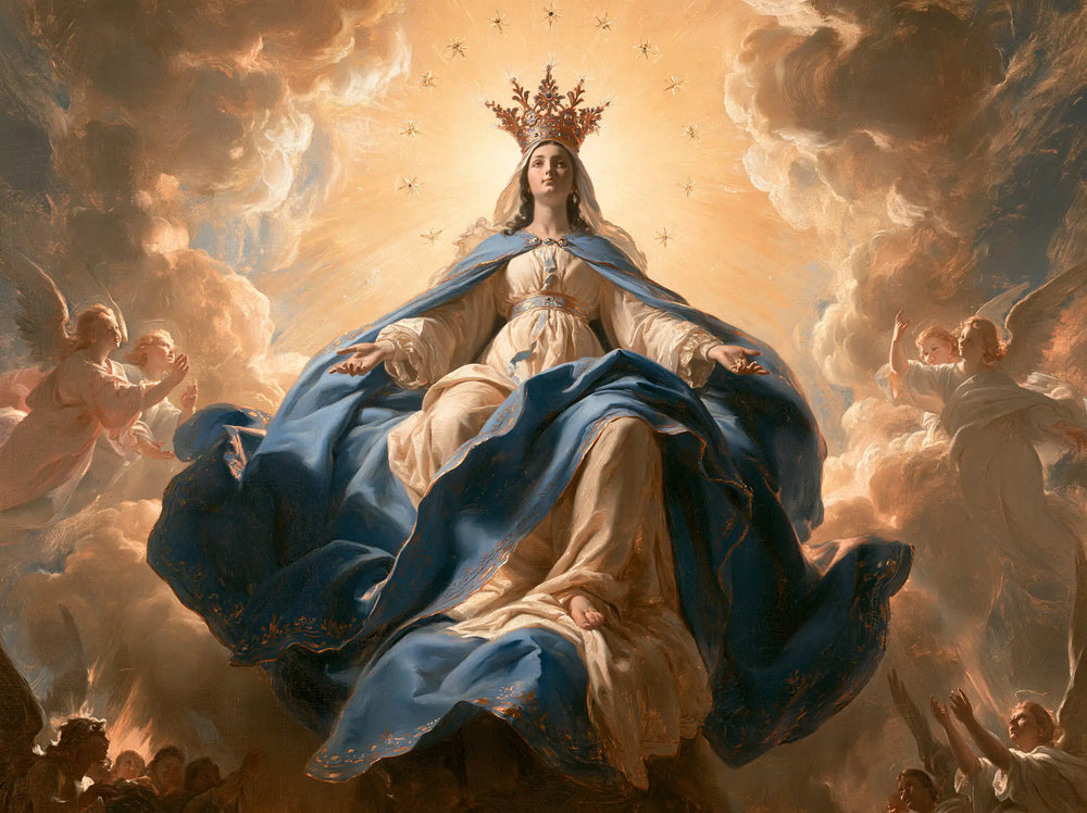 Mary glorified as Queen of Heaven in Heavenly Glory style, landscape Christian artwork no. 8