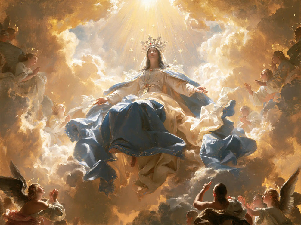 Mary glorified as Queen of Heaven in Heavenly Glory style, landscape Christian artwork no. 10