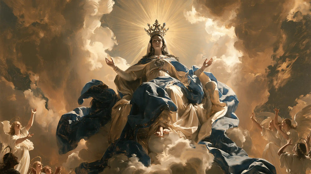 Mary glorified as Queen of Heaven in Heavenly Glory style, landscape Christian artwork no. 17