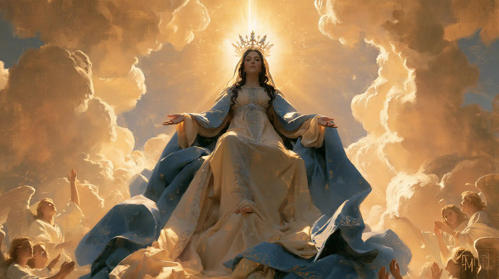 Mary glorified as Queen of Heaven in Heavenly Glory style, landscape Christian artwork no. 20