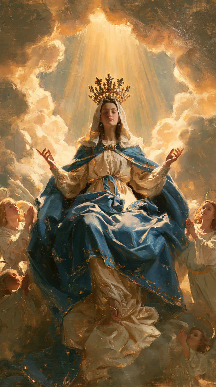 Mary, Queen of Heaven — Gentle Palms Beneath the Amber Crown