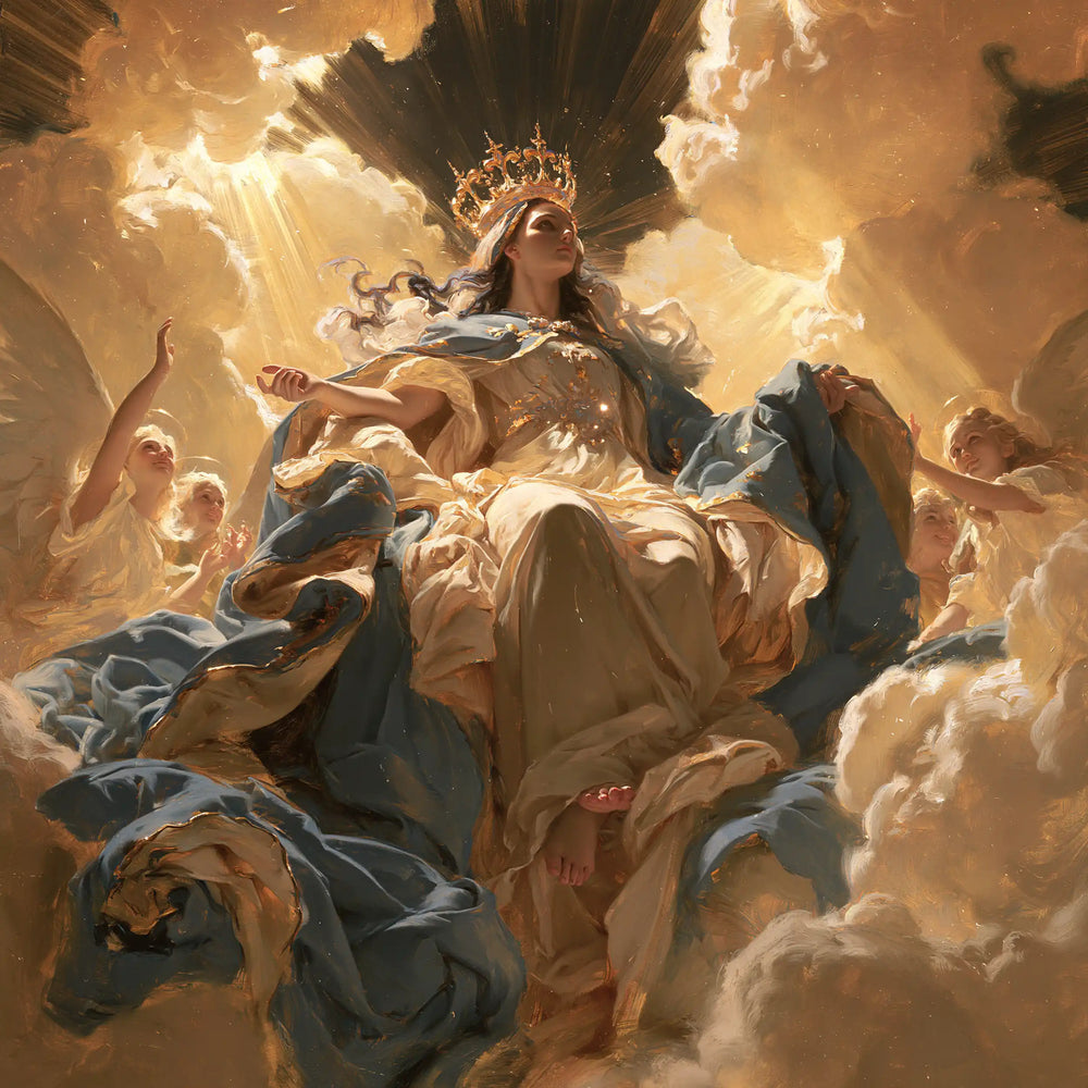 Mary glorified as Queen of Heaven in Heavenly Glory style, square Christian artwork no. 5