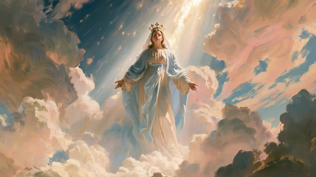 Mary as Queen of Heaven in an impressionist atmosphere in Impressionist style, landscape Christian artwork no. 10