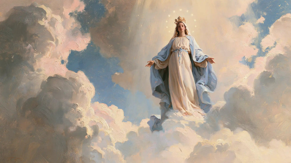 Mary as Queen of Heaven in an impressionist atmosphere in Impressionist style, landscape Christian artwork no. 13