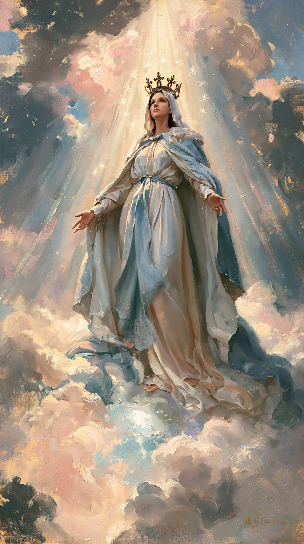 Mary as Queen of Heaven in an impressionist atmosphere in Impressionist style, portrait Christian artwork no. 3