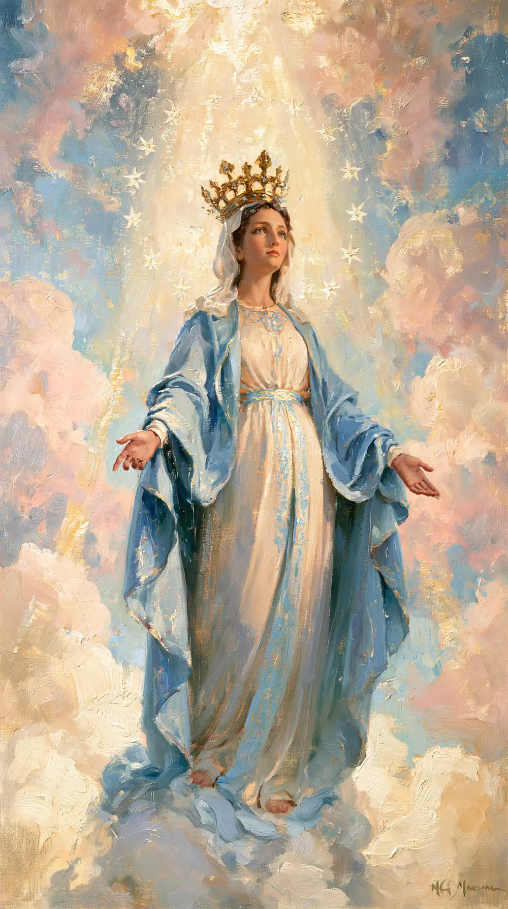 Mary as Queen of Heaven in an impressionist atmosphere in Impressionist style, portrait Christian artwork no. 7