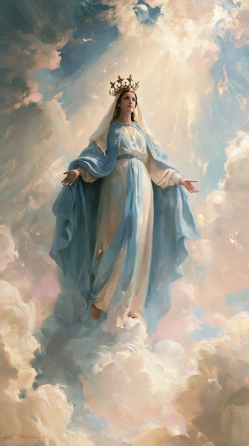 Mary as Queen of Heaven in an impressionist atmosphere in Impressionist style, portrait Christian artwork no. 13