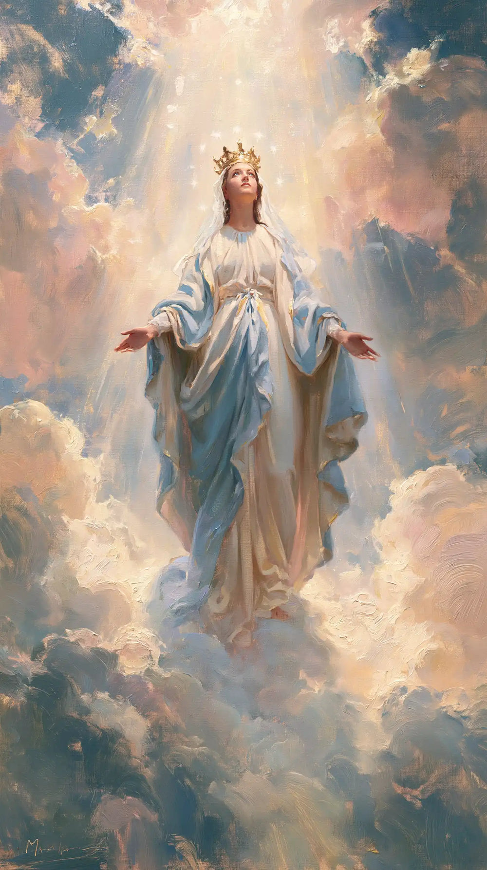 Mary as Queen of Heaven in an impressionist atmosphere in Impressionist style, portrait Christian artwork no. 15
