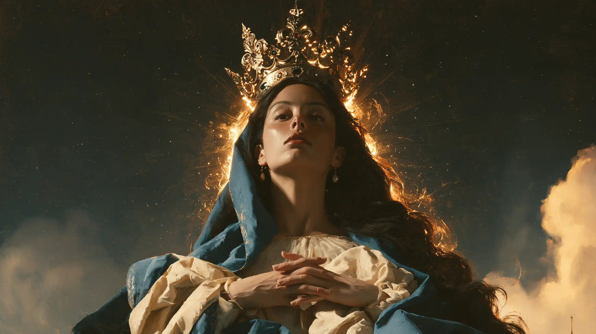 Mary as Queen of Heaven surrounded by divine light in Mary as Divine Light style, landscape Christian artwork no. 6