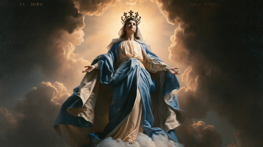 Mary as Queen of Heaven surrounded by divine light in Mary as Divine Light style, landscape Christian artwork no. 9